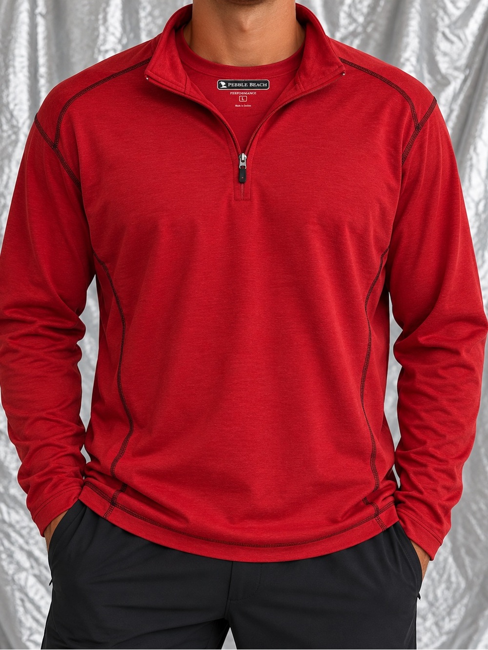 Pebble Beach Performance Mens Red 1/4 Zip Mock Neck Pullover L/S Polyester L